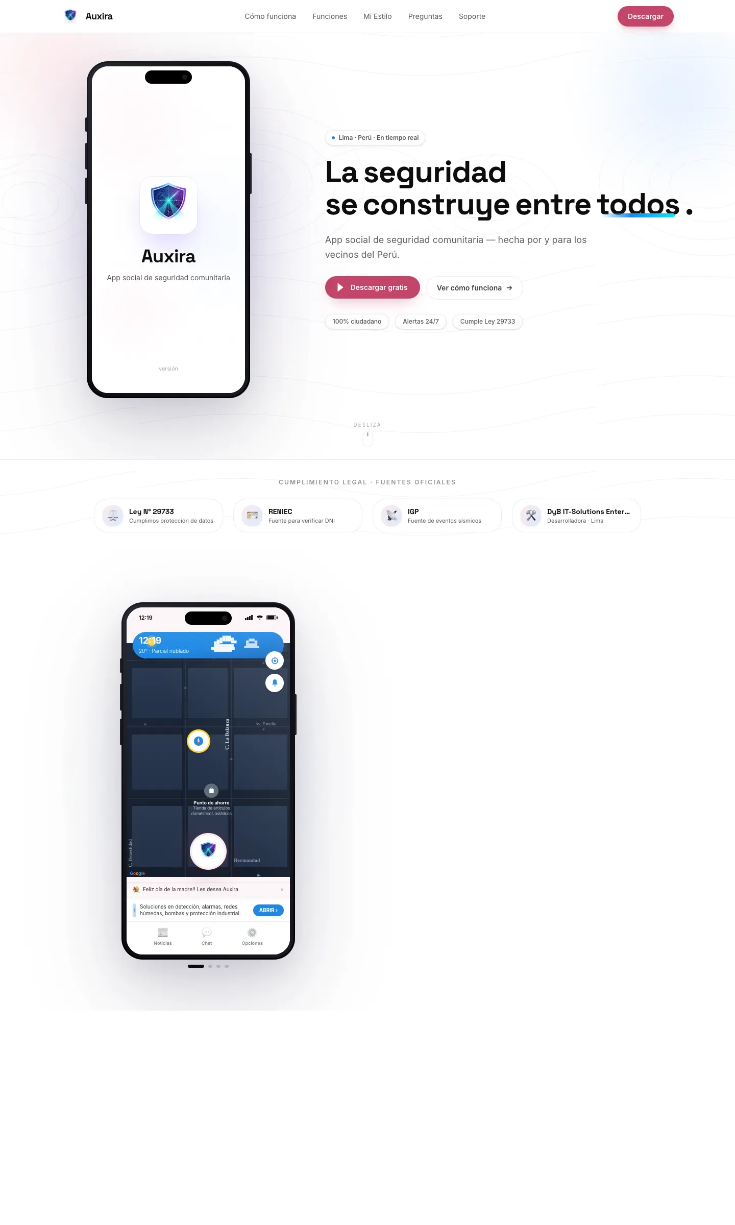 Captura del sitio de Auxira, app de alertas vecinales